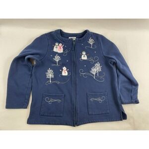 Bec & Bridge Sweater Women's Size Large Navy Blue Full Zip Winter Snowman Design